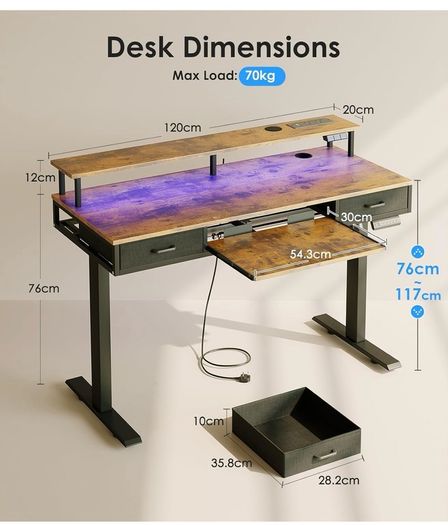 Standing Desk with Keyboard Tray & Storage Drawers, 120cm Height Adjustable Desk with Monitor Stand, LED Lights, Power Outlet and USB Ports for Home Office, Rustic Brown