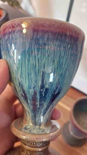 Wonderful Pair of Studio Art Pottery Goblets by Martin Branch Lyre Pottery, Cloncorban, Rossmore, Clonakilty, West Cork in a Fabulous Colourful Variegated Glaze. Pair Two