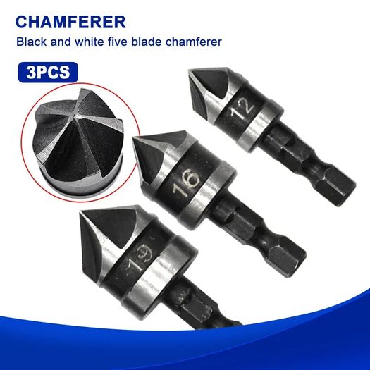 3PC Hexagonal Shank 90 Degree Black Five Blade Chamferer 12/16/19mm Countersink Drill Woodworking Hole Opener Tool Set