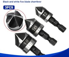 3PC Hexagonal Shank 90 Degree Black Five Blade Chamferer 12/16/19mm Countersink Drill Woodworking Hole Opener Tool Set