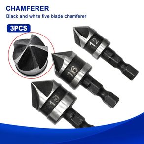 3PC Hexagonal Shank 90 Degree Black Five Blade Chamferer 12/16/19mm Countersink Drill Woodworking Hole Opener Tool Set
