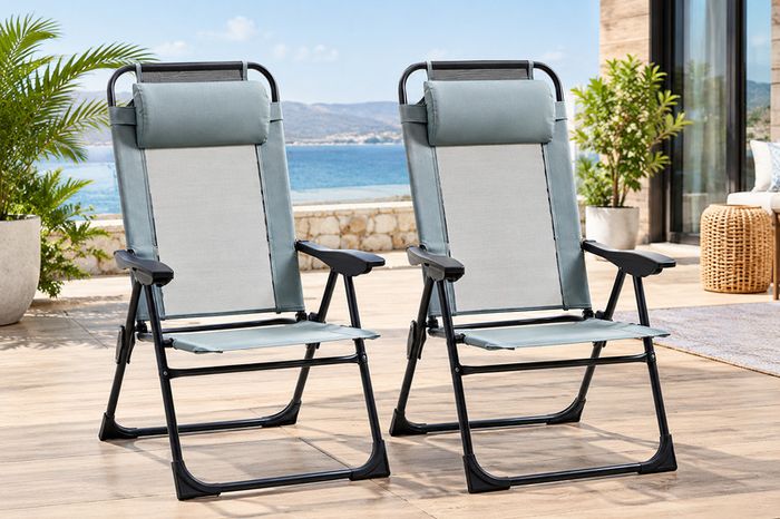 Set of 2 Grey Folding Recliner Chairs, Adjustable Outdoor Patio Lounge Chairs with Headrests and Metal Frames