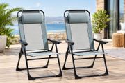 Set of 2 Grey Folding Recliner Chairs, Adjustable Outdoor Patio Lounge Chairs with Headrests and Metal Frames