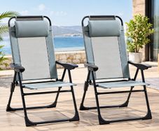 Set of 2 Grey Folding Recliner Chairs, Adjustable Outdoor Patio Lounge Chairs with Headrests and Metal Frames