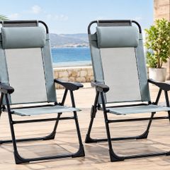 Set of 2 Grey Folding Recliner Chairs, Adjustable Outdoor Patio Lounge Chairs with Headrests and Metal Frames