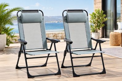 Set of 2 Grey Folding Recliner Chairs, Adjustable Outdoor Patio Lounge Chairs with Headrests and Metal Frames