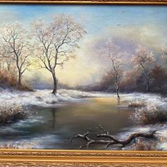 Vintage Framed Oil Painting Winter Landscape (Ornate Gilt Frame)