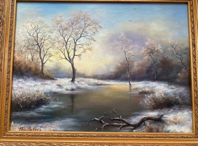 Vintage Framed Oil Painting Winter Landscape (Ornate Gilt Frame)