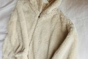 Girls Tesco F&amp;F fluffy faux fur cream ivory hooded jacket 9 10