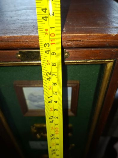 Beautiful Wooden Golf-Themed Shadow Box and Storage Unit with Shelves Cabinet, featuring a glass door front Inside the glass display panel, it showcases a vintage-style collage celebrating the history of golf,