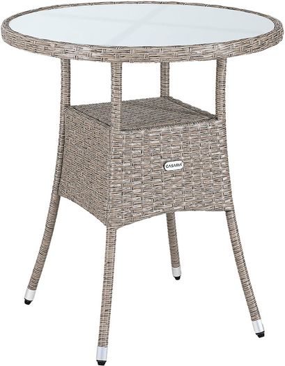 Polyrattan Side Table / Garden Table with Frosted Glass Table Top - 60-80 cm - Choice of Colours, 60cm, Grey / Beige