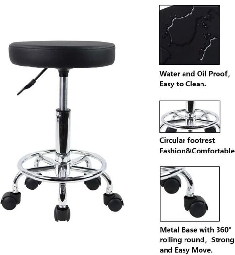 PU Leather Round Rolling Stool with Foot Rest Swivel Height Adjustment Medical Spa Drafting Salon Tattoo Work Office Massage Stools Task Chair Small AVAILABLE IN WHITE/BLACK (FREE POSTAGE)