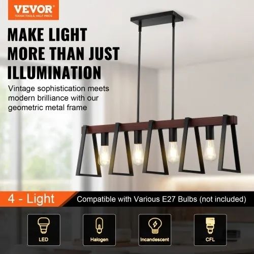 4-Light Kitchen Island Pendant Lights, 60W, Adjustable Dining Room Light Fixture with 2 x 6" and 6 x 12" Rods, Industrial Metal Frame Farmhouse Linear Chandeliers Lighting for Dining Room, E27