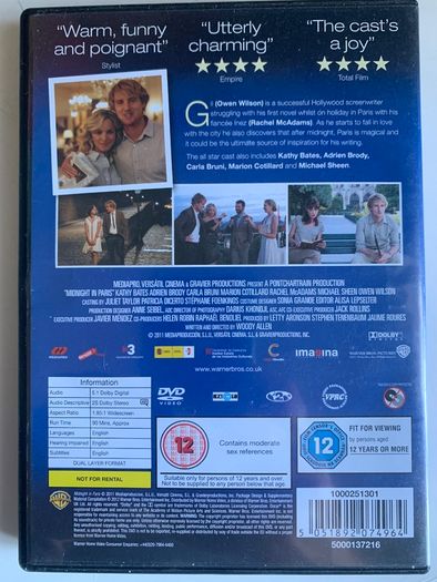 Midnight In Paris (Woody Allen Film) [2011] Owen Wilson & Rachel McAdams [Movie DVD] Academy Award Winner