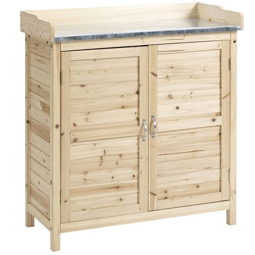 Garden Cabinet with 2 Compartments, Metal Work Surface with Edging, Natural Wood, 83 x 40 x 92 cm