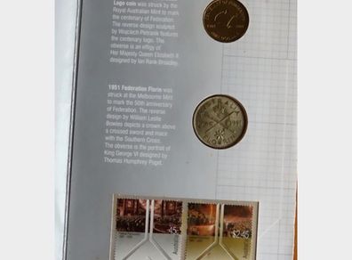 Silver Australia Florin in 1901-2001 Federal Parliament Coin and Stamp Folder   & 1 Dollar