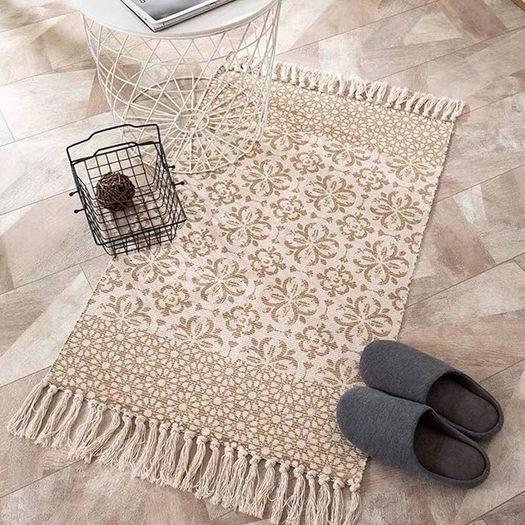 FREE EXPRESS SHIPPING Beige Rug Cotton Area Rug Bedroom Cream Floral Printed Moroccan Rug with Tassel 60x90cm Machine Washable Small Rug Hand Woven Carpet for Living Room, Kitchen,Hallway