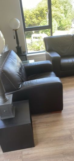 Brown leather, two seater sofa and chair