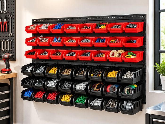 Wall-Mounted Storage Bins Organiser, 48-Bin Parts Rack for Screws, Nuts, Bolts, Nails & Small Tools, Black and Red
