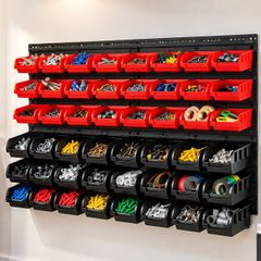 Wall-Mounted Storage Bins Organiser, 48-Bin Parts Rack for Screws, Nuts, Bolts, Nails & Small Tools, Black and Red