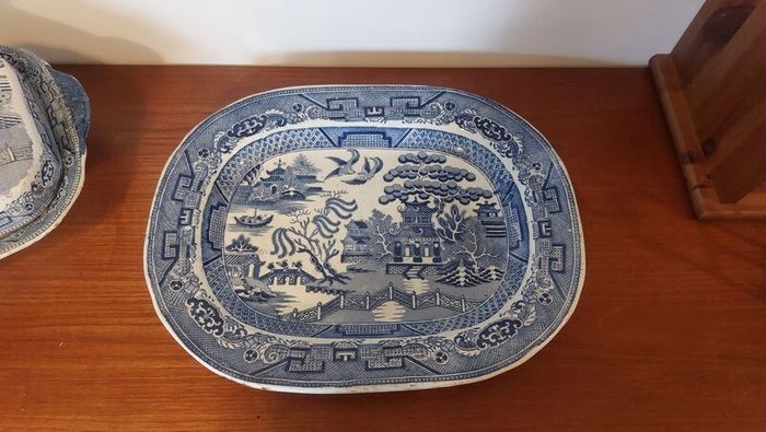 Beautiful Antique Blue and White Transferware Willow Pattern Large Platter, Unknown Maker, Circa 1860's, Most Likely Staffordshire Made