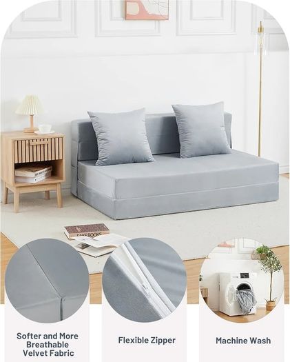 4-in-1 Folding Sofa Bed Double, Fold Out Sofa Couch with Velvet Cover & 2 Cushions, Floor Mattress Lounger for Living Room, Comfy Foldable Sofa Chair Bed, Removable Cover, Washable(135 190CM)