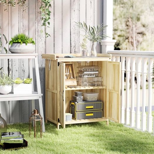43 x 74cm Fir Wood Shed, with Metal Worktop Natural Finish