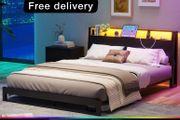 King Size Bed Frame with Ergonomic Storage Headboard and LED,Metal Platform Low Bed Frame King Size 5ft,Kingsize Floor Bed Base with Charging Station,No Box Spring Needed,Easy Assembly,Black