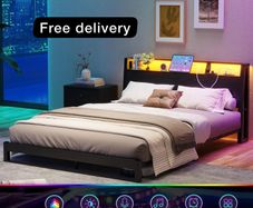 King Size Bed Frame with Ergonomic Storage Headboard and LED,Metal Platform Low Bed Frame King Size 5ft,Kingsize Floor Bed Base with Charging Station,No Box Spring Needed,Easy Assembly,Black