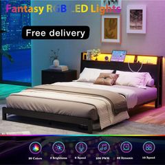 King Size Bed Frame with Ergonomic Storage Headboard and LED,Metal Platform Low Bed Frame King Size 5ft,Kingsize Floor Bed Base with Charging Station,No Box Spring Needed,Easy Assembly,Black