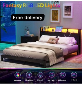 King Size Bed Frame with Ergonomic Storage Headboard and LED,Metal Platform Low Bed Frame King Size 5ft,Kingsize Floor Bed Base with Charging Station,No Box Spring Needed,Easy Assembly,Black