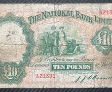 Ireland, 1942 National Bank 10 Pound Banknote Heavily Circulated