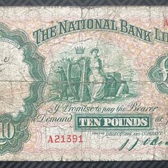Ireland, 1942 National Bank 10 Pound Banknote Heavily Circulated