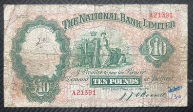 Ireland, 1942 National Bank 10 Pound Banknote Heavily Circulated