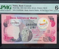 Malta | 10 Liri | 1967 | P.36a | C4 672556 | Choice UNC EPQ