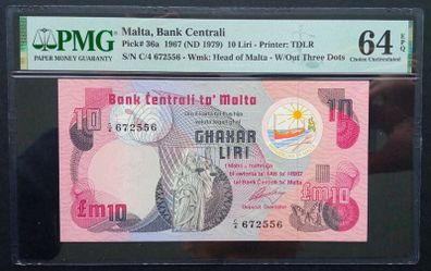 Malta | 10 Liri | 1967 | P.36a | C4 672556 | Choice UNC EPQ