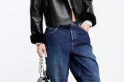 Stradivarius Black Faux Leather Moto Aviator Jacket Size M New with Tags