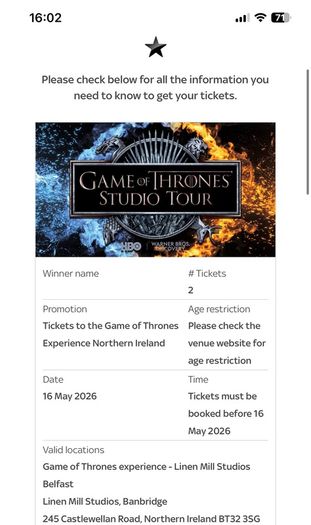 X2 Game of Thrones Stuido Tour Tickets RRP 40EUR