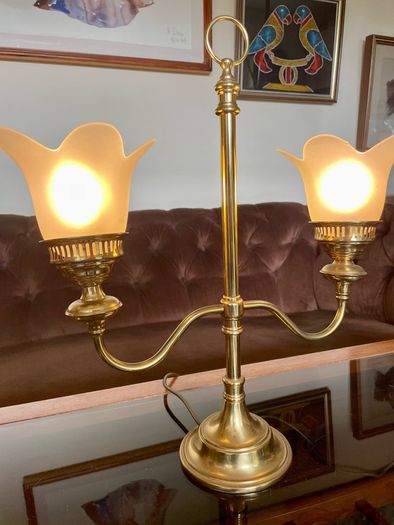 Vintage Repro Double Arm Student Library Desk Lamp Brass Finish 1970s