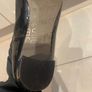 black stretch material boots with patent leather toe low chrome silver metal heel by Ras Image 7