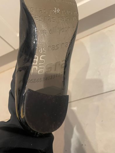 black stretch material boots with patent leather toe low chrome silver metal heel by Ras