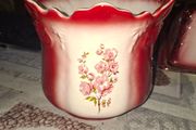 1950s Ceramic Flowerpot featuring a Scalloped Dark Red Gradient Rim and a Delicate Pink Floral Decal
