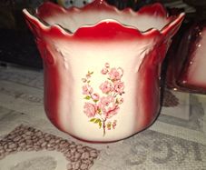 1950s Ceramic Flowerpot featuring a Scalloped Dark Red Gradient Rim and a Delicate Pink Floral Decal
