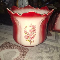 1950s Ceramic Flowerpot featuring a Scalloped Dark Red Gradient Rim and a Delicate Pink Floral Decal