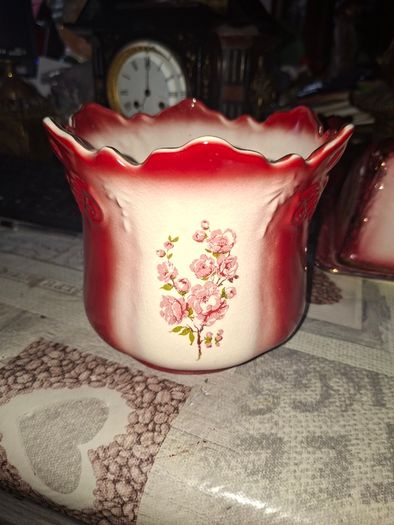 1950s Ceramic Flowerpot featuring a Scalloped Dark Red Gradient Rim and a Delicate Pink Floral Decal
