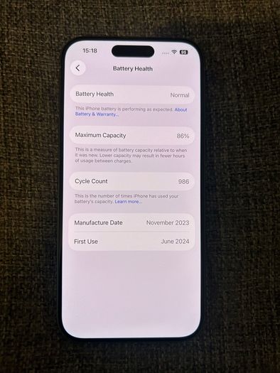 iPhone 15 pro natural titanium 128gb, unlocked, 86% battery health