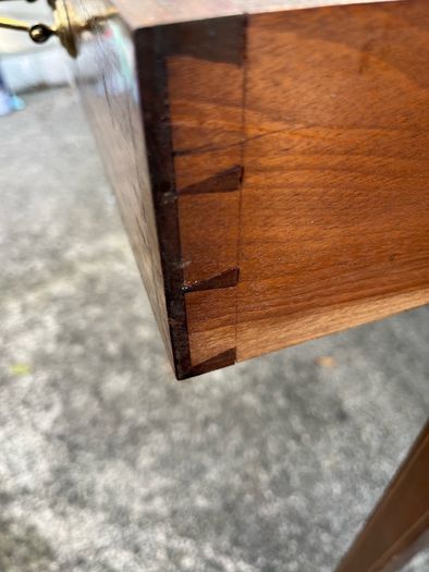 Maghoney wine leather desk with 2 drawers. Inlaid
