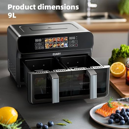 EUARY dual basket  Air Fryer 9L Oil Free 2 Compartments XXL 2800 W Large Capacity, 2 Air Fryer Bins, 12 Cooking Programs, Touch Screen, Appointment Function