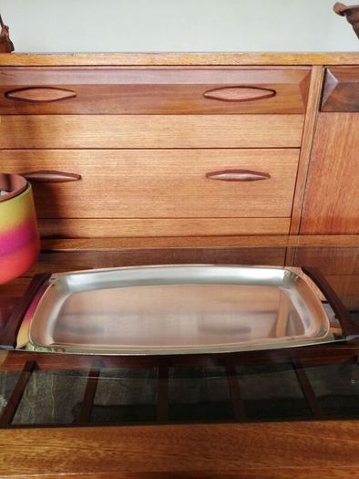 Vintage DKF Lundtofte Danish Stainless Steel Serving Dish Teak Handles