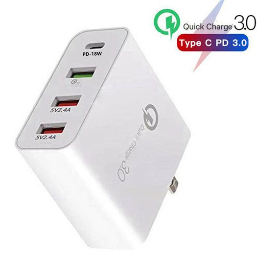 QC 3.0 & PD USB 4 Ports Wall Fast Charger 48W [2 Power Plugs (US/UK)] (Brand New/Warranty)